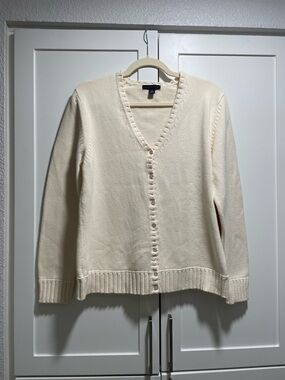 Vintage Land’s End Butter Yellow 100% Cotton V-neck Knit Cardigan Cottagecore